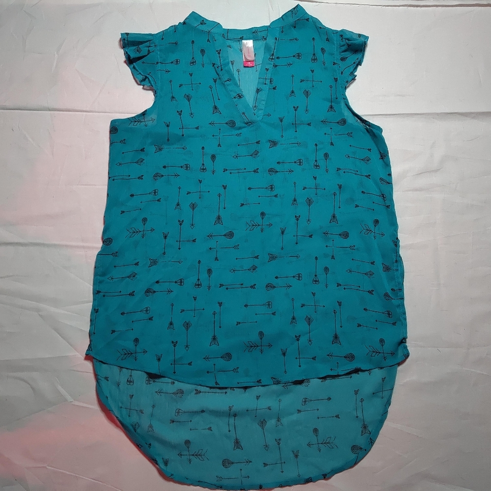 No Boundaries Tank Top Women's Large Blue Arrows Sheer Cover Up Shirt V-Neck Tee